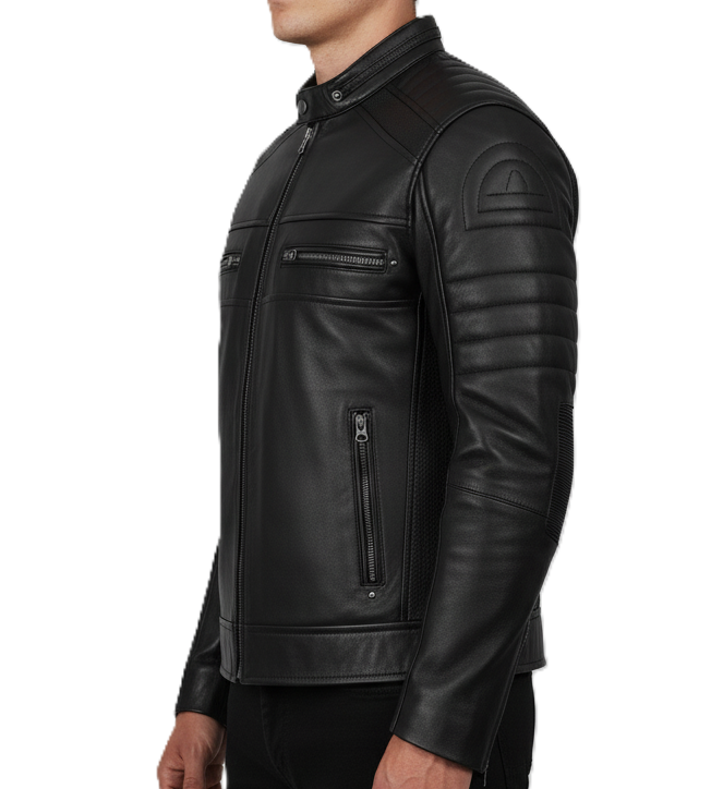 Leathino men’s black genuine leather jacket with stand collar and chest zipper pockets