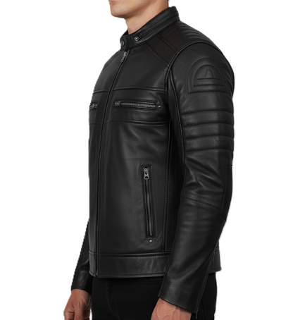 Leathino men’s black genuine leather jacket with stand collar and chest zipper pockets