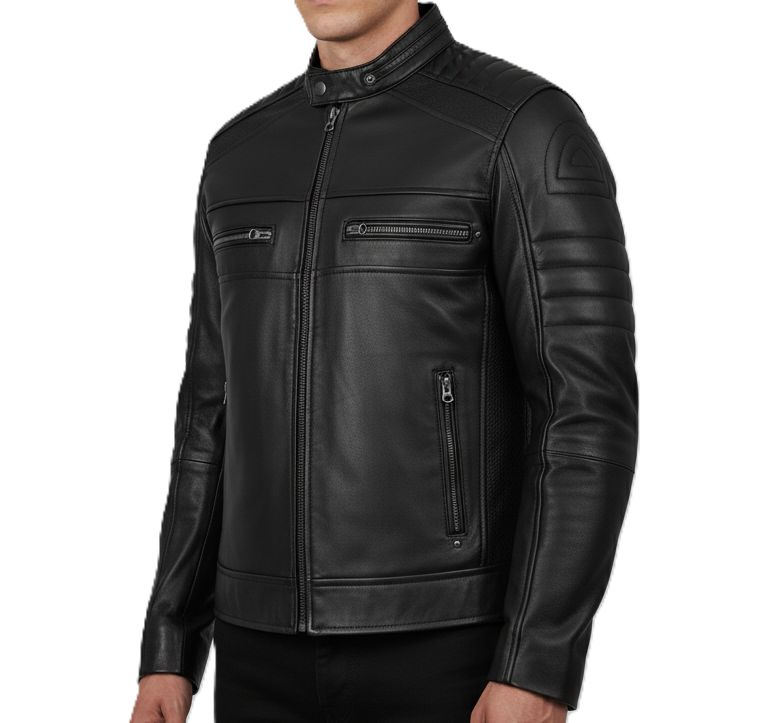 Leathino men’s black genuine leather jacket with stand collar and chest zipper pockets