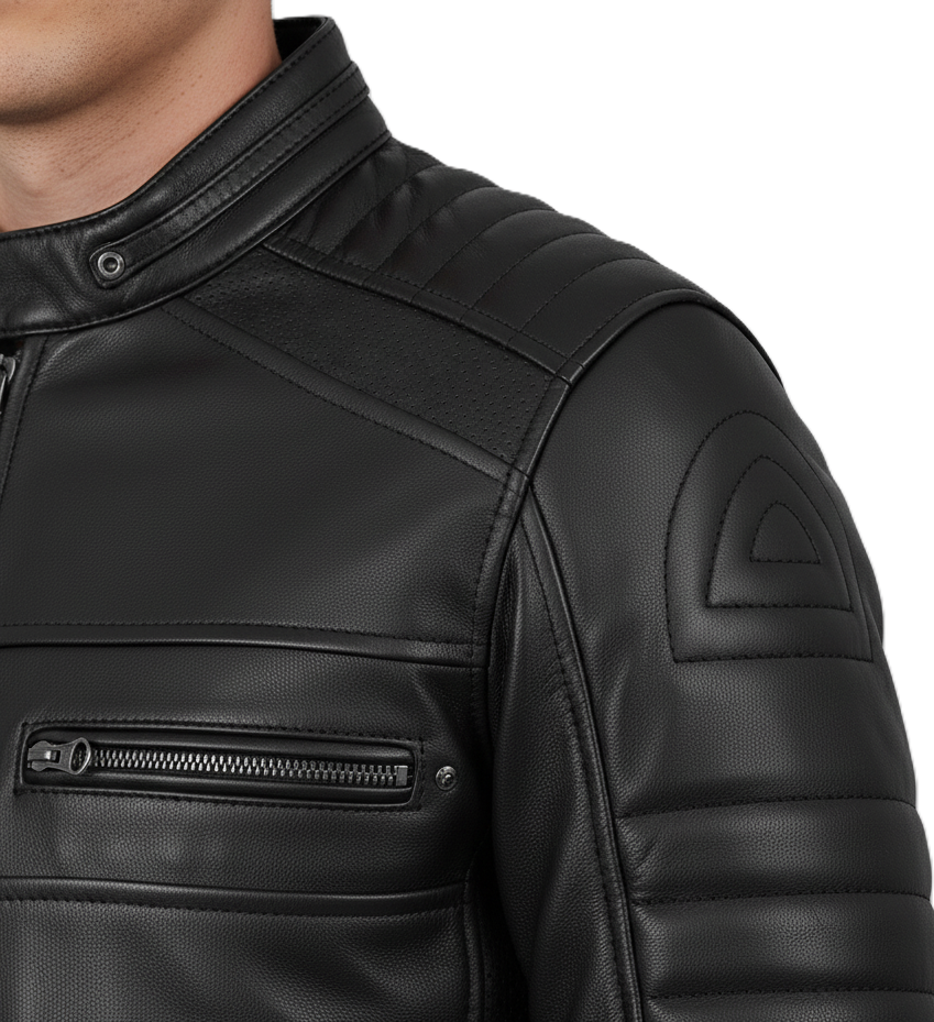Leathino men’s black genuine leather jacket with stand collar and chest zipper pockets