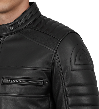 Leathino men’s black genuine leather jacket with stand collar and chest zipper pockets