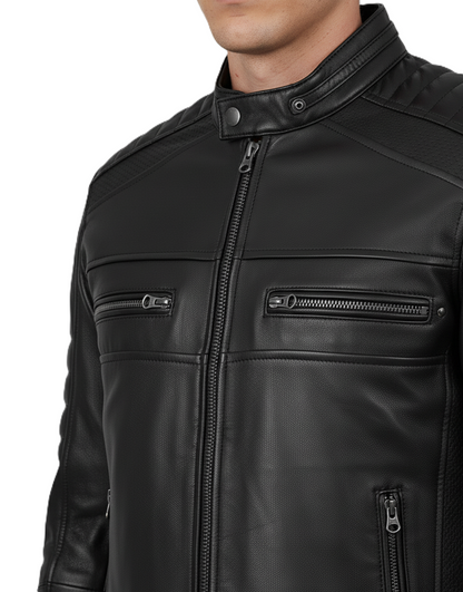 Leathino men’s black genuine leather jacket with stand collar and chest zipper pockets