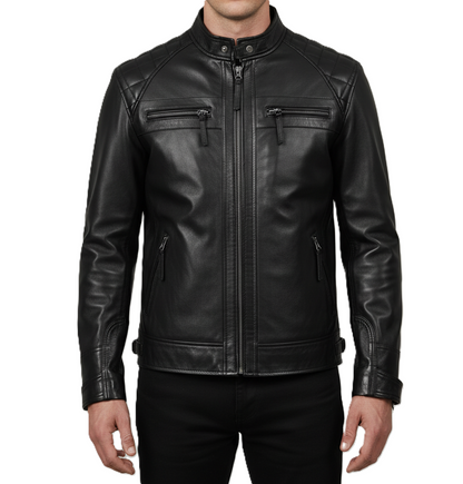 Men’s quilted leather jacket – black café racer style, premium mens quilted jacket inspired by Barbour, motorcycle biker leather jacket