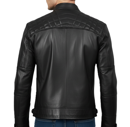 Men’s quilted leather jacket – black café racer style, premium mens quilted jacket inspired by Barbour, motorcycle biker leather jacket