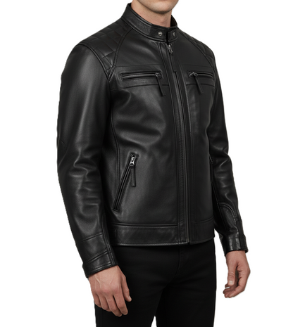 Men’s quilted leather jacket – black café racer style, premium mens quilted jacket inspired by Barbour, motorcycle biker leather jacket