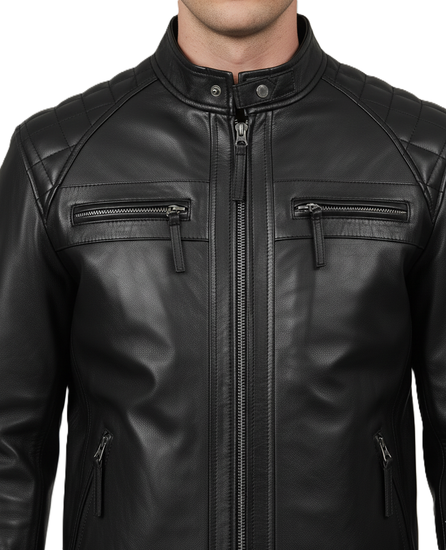 Men’s quilted leather jacket – black café racer style, premium mens quilted jacket inspired by Barbour, motorcycle biker leather jacket