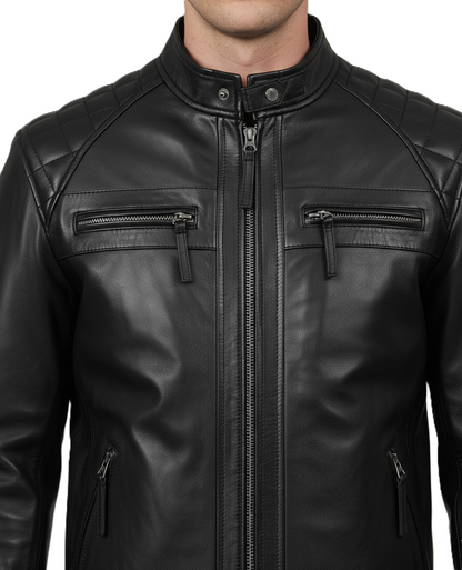 Men’s quilted leather jacket – black café racer style, premium mens quilted jacket inspired by Barbour, motorcycle biker leather jacket