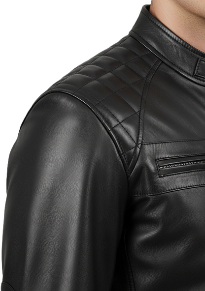 Men’s quilted leather jacket – black café racer style, premium mens quilted jacket inspired by Barbour, motorcycle biker leather jacket