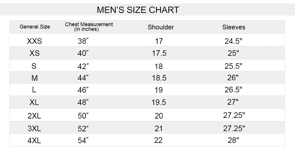 Men's size chart with chest measurement, shoulder, and sleeve dimensions.