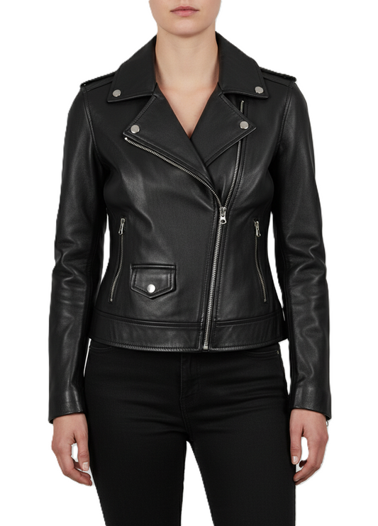 women’s black genuine leather biker jacket with silver zipper and lapel collar