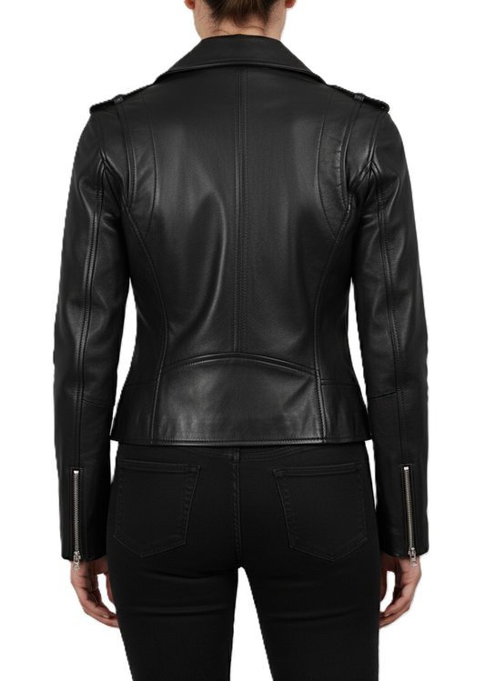 women’s black genuine leather biker jacket with silver zipper and lapel collar