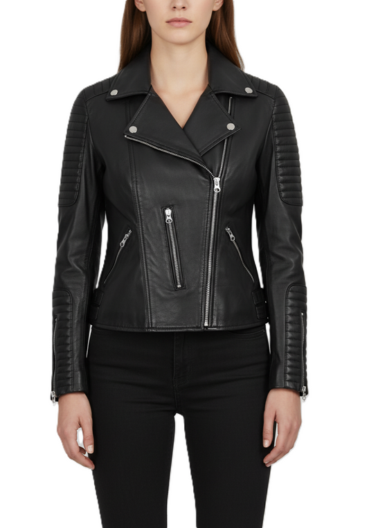 leather jacket, genuine leather jacket, premium leather jacket, black leather biker jacket, moto jacket, leather motorcycle jacket, stylish leather jacket, women’s leather jacket, biker jacket with zippers, asymmetrical zip jacket, fashion leather jacket, high-quality leather jacket.