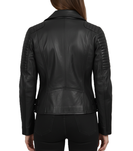 leather jacket, genuine leather jacket, premium leather jacket, black leather biker jacket, moto jacket, leather motorcycle jacket, stylish leather jacket, women’s leather jacket, biker jacket with zippers, asymmetrical zip jacket, fashion leather jacket, high-quality leather jacket.