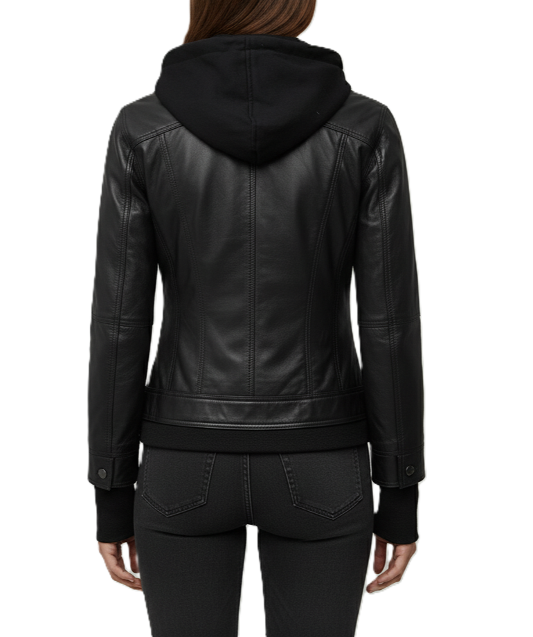women’s black hooded leather jacket with removable hoodie insert, front zip closure, chest flap pockets, and zip side pockets.