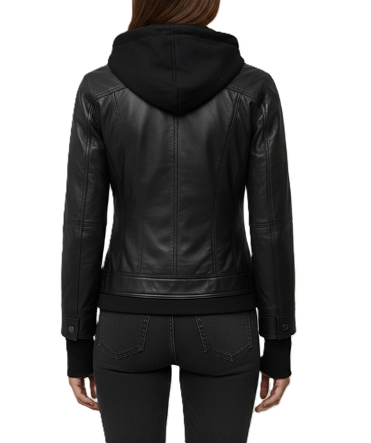 women’s black hooded leather jacket with removable hoodie insert, front zip closure, chest flap pockets, and zip side pockets.