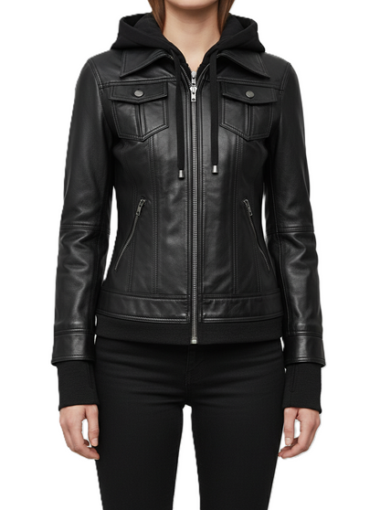 women’s black hooded leather jacket with removable hoodie insert, front zip closure, chest flap pockets, and zip side pockets.