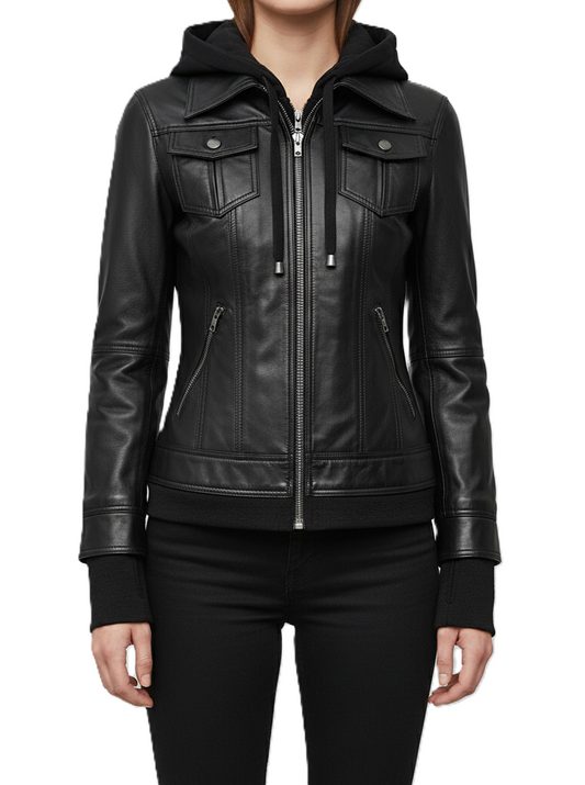 women’s black hooded leather jacket with removable hoodie insert, front zip closure, chest flap pockets, and zip side pockets.