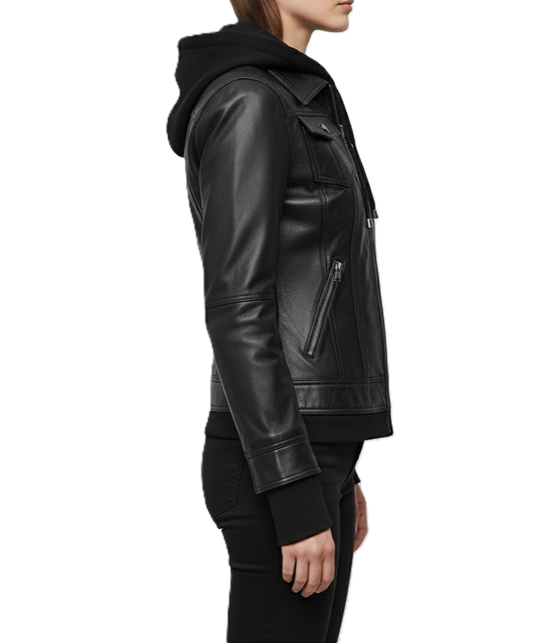 women’s black hooded leather jacket with removable hoodie insert, front zip closure, chest flap pockets, and zip side pockets.