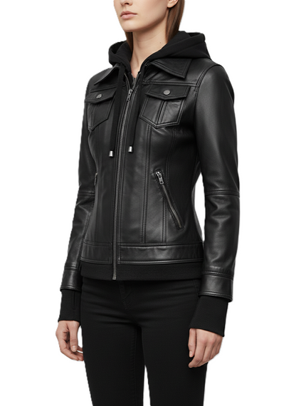 women’s black hooded leather jacket with removable hoodie insert, front zip closure, chest flap pockets, and zip side pockets.