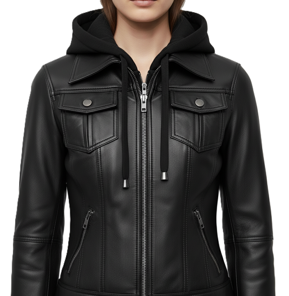 women’s black hooded leather jacket with removable hoodie insert, front zip closure, chest flap pockets, and zip side pockets.