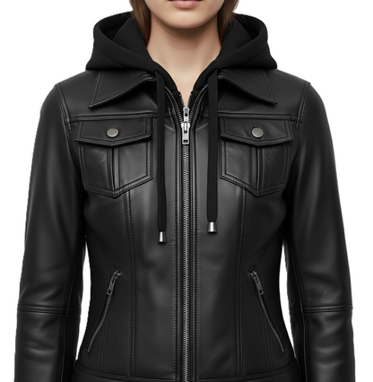 women’s black hooded leather jacket with removable hoodie insert, front zip closure, chest flap pockets, and zip side pockets.