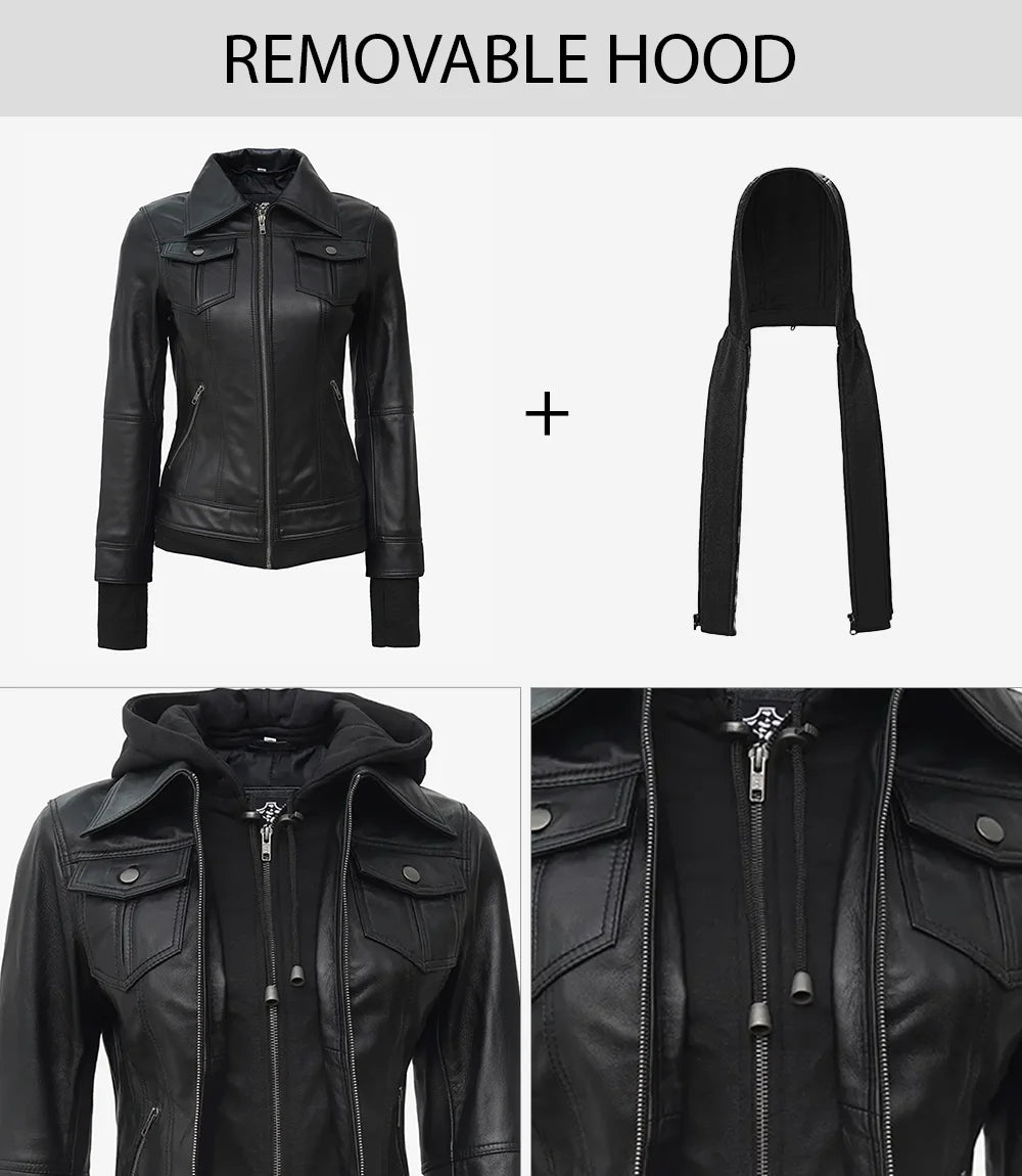 women’s black hooded leather jacket with removable hoodie insert, front zip closure, chest flap pockets, and zip side pockets.