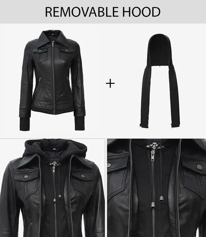 women’s black hooded leather jacket with removable hoodie insert, front zip closure, chest flap pockets, and zip side pockets.